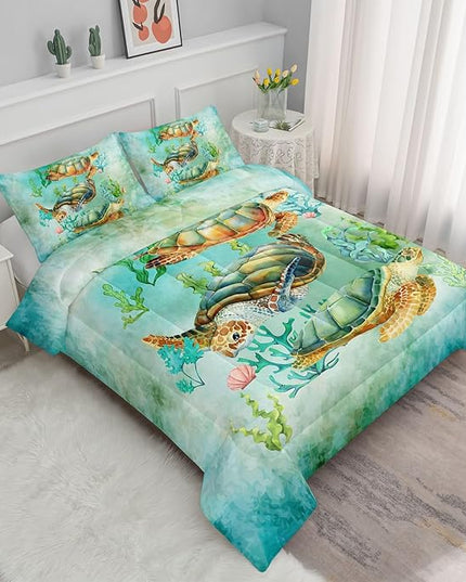 Datura home Sea Turtle Comforter Bedding Set for Kids Teens Adults,Watercolor Sea Turtle Light-Green and Blue Coral Seaweed Ocean Themed Comforter with 2 Pillowcases(Turtle Queen),Green Turtle - LeafyLoom