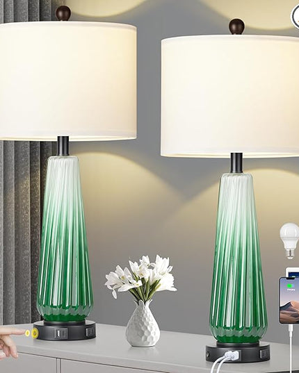 28" Green Glass Table Lamps Set of 2, Modern Table Lamps with USB A+C Ports & AC Outlet, Touch Control Bedside Nightstand Lamp with Crystal Night Light & White Fabric Shade for Bedroom(Bulbs Included) - LeafyLoom