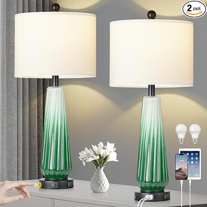28" Green Glass Table Lamps Set of 2, Modern Table Lamps with USB A+C Ports & AC Outlet, Touch Control Bedside Nightstand Lamp with Crystal Night Light & White Fabric Shade for Bedroom(Bulbs Included) - LeafyLoom
