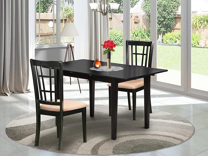 East West Furniture NONI3-BLK-C 3 Piece Modern Dining Table Set Contains a Rectangle Wooden Table with Butterfly Leaf and 2 Linen Fabric Upholstered Chairs, 32x54 Inch, Black - LeafyLoom