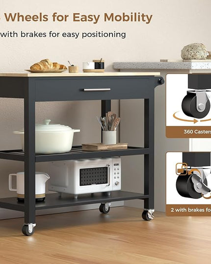 45" Kitchen Island Cart, 3 Tier Kitchen Island on Wheels with Storage Drawer, 2 Shelves & Towel Rack, Rolling Kitchen Island with Wood Top, Simple Design Island Table for Kitchen, Dark Black - LeafyLoom