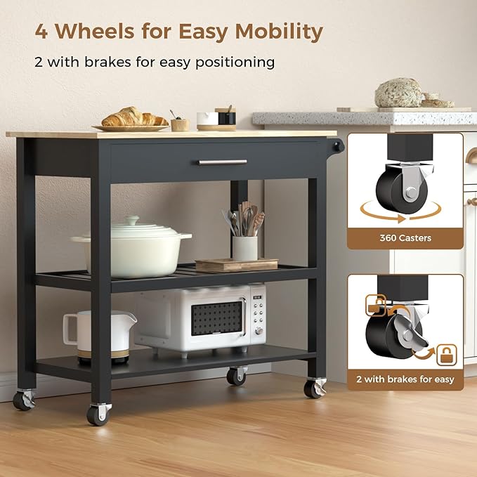 45" Kitchen Island Cart, 3 Tier Kitchen Island on Wheels with Storage Drawer, 2 Shelves & Towel Rack, Rolling Kitchen Island with Wood Top, Simple Design Island Table for Kitchen, Dark Black - LeafyLoom