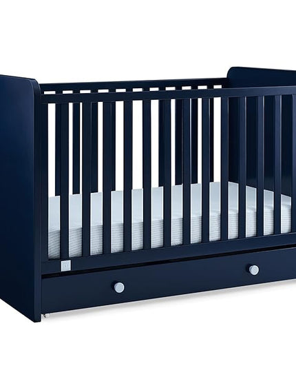 Delta Children babyGap Graham 4-in-1 Convertible Crib with Storage Drawer + Brannan Bear Bookcase with Bins + Brannan Bear Wall Shelf with 4 Hooks, Navy/Light Blue (Bundle) - LeafyLoom
