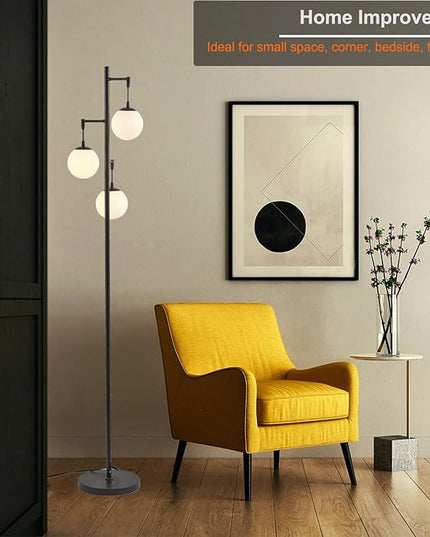 3 Globe Mid Century Modern Globe Floor Lamp with Frosted Glass Shade and 3000K LED Bulbs, Contemporary Retro Black Standing Lamp for Living Room Bedroom Office - LeafyLoom