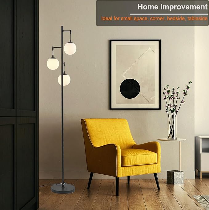 3 Globe Mid Century Modern Globe Floor Lamp with Frosted Glass Shade and 3000K LED Bulbs, Contemporary Retro Black Standing Lamp for Living Room Bedroom Office - LeafyLoom