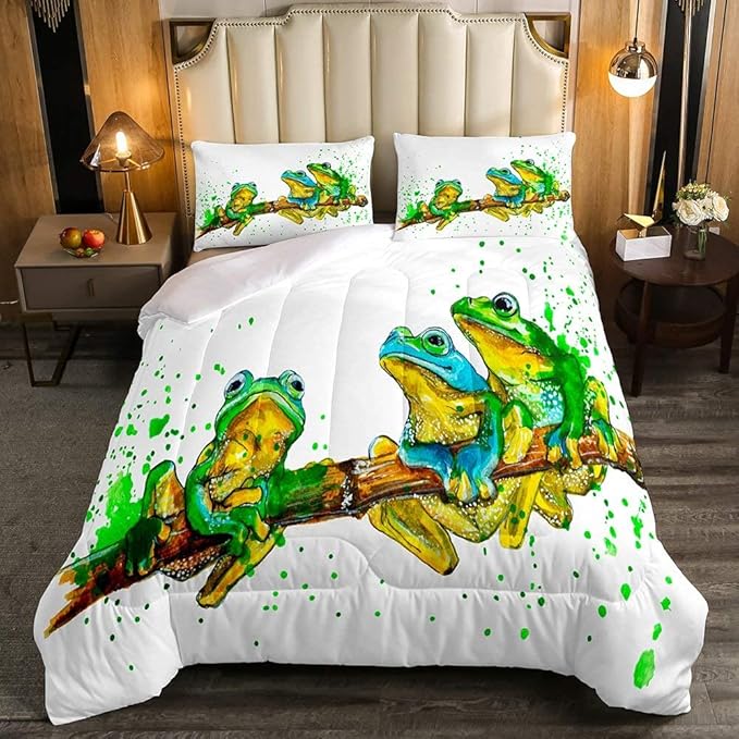 Erosebridal Cartoon Frog Comforter Set Twin Size, Green Tie Dye Down Comforter, Tree Branch Quilted Duvet,Animal Soft Duvet Insert for Kid Adult, White Room Decor Reversible All Season - LeafyLoom