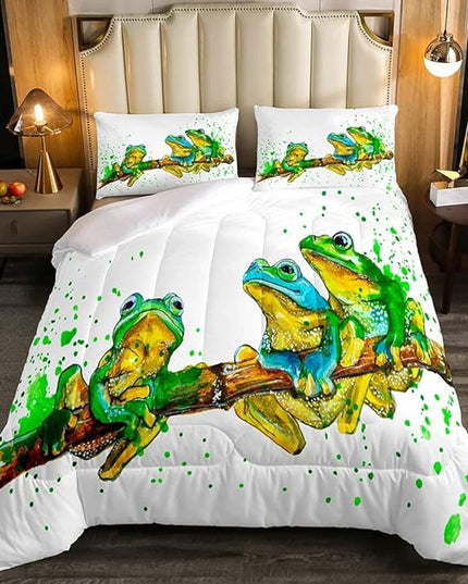 Erosebridal Cartoon Frog Comforter Set Full Size, Green Tie Dye Down Comforter, Tree Branch Quilted Duvet,Animal Soft Duvet Insert for Kid Adult, White Room Decor Reversible All Season - LeafyLoom