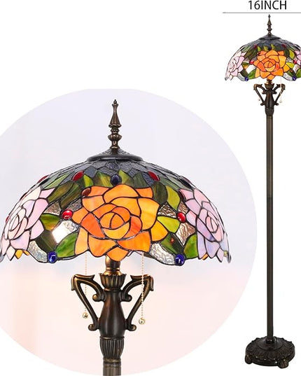 Tiffany Floor Lamp Stained Glass Standing Reading Light 16X16X66 Inch - Orange Red Rose - LeafyLoom