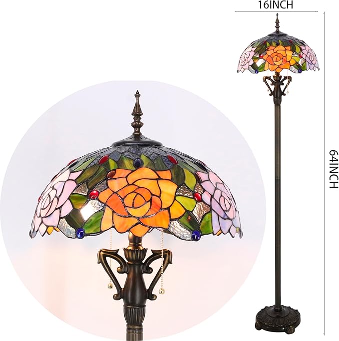 Tiffany Floor Lamp Stained Glass Standing Reading Light 16X16X66 Inch - Orange Red Rose - LeafyLoom