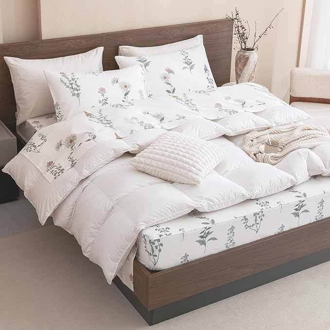 QSH Floral King Size Sheet Sets - 100% Egyptian Cotton Floral Bedding Sheets Flower Pattern Printed Bedding King Size Bed Sheets 17.5" Extra Deep Pocket 4pcs - LeafyLoom