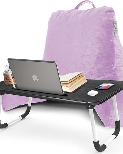 Clara Clark Reading Pillow with Portable Lap Desk for laptop Set, Back Pillow for Sitting Up in Bed, Memory Foam Back Support Pillow, Bed Rest Pillow with Foldable Laptop Desk, Standard - Lavender - LeafyLoom