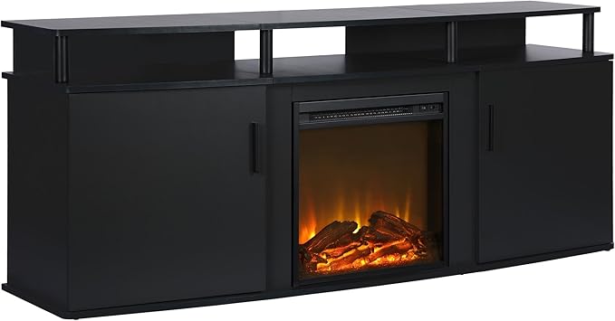 Ameriwood Home Carson Fireplace TV Stand for TVs up to 70 Inch, Replaceable Electric Fireplace Insert Heater, Realistic Log and Flame Effect, For Living Room or Bedroom, Black - LeafyLoom