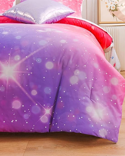 A Nice Night 6Pcs Gradient Glitter Bedding Set for Girls, Colorful Rainbow Galaxy Comforter Set, Ultra Soft Bedding Sets (Pink-Purple,Twin 6Pcs) - LeafyLoom