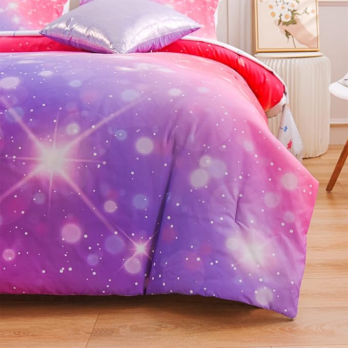 A Nice Night 6Pcs Gradient Glitter Bedding Set for Girls, Colorful Rainbow Galaxy Comforter Set, Ultra Soft Bedding Sets (Pink-Purple,Full 6Pcs) - LeafyLoom