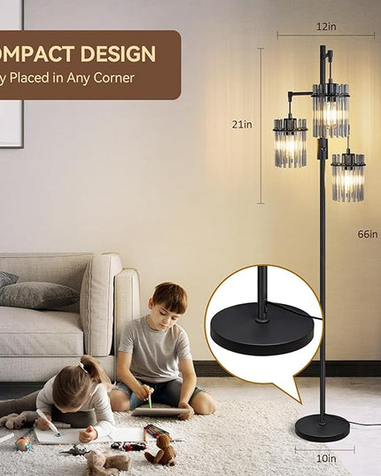 Industrial Modern Floor Lamps for Living Room, Dimmable Glass Tree Standing Tall Lamps with 3 Elegant Teardrop Cage Head & 800 Lumens LED Bulbs for Bedroom Office (66inch tall) - LeafyLoom