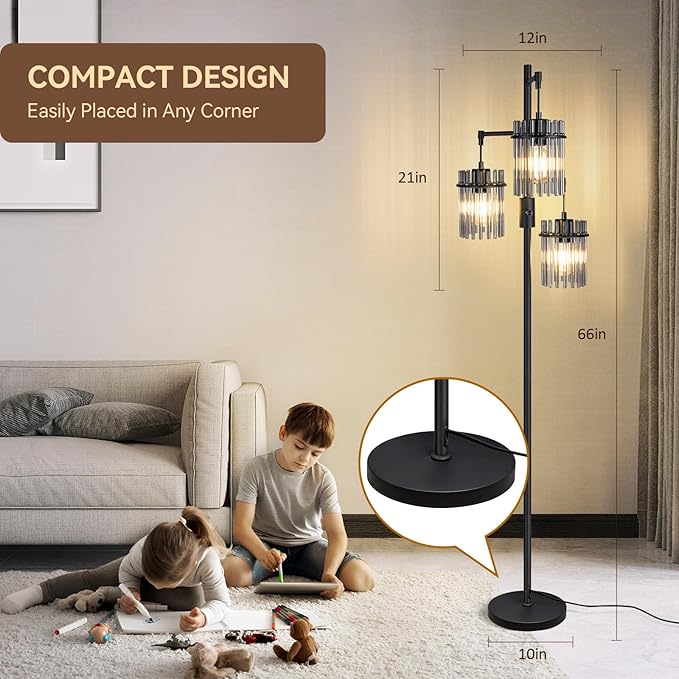 Industrial Modern Floor Lamps for Living Room, Dimmable Glass Tree Standing Tall Lamps with 3 Elegant Teardrop Cage Head & 800 Lumens LED Bulbs for Bedroom Office (66inch tall) - LeafyLoom