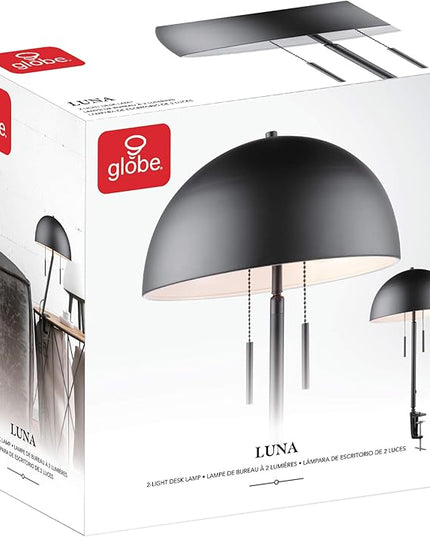 Globe Electric 52883 Luna 18" 2-Light Clamp-Arm Desk Lamp, Matte Black, Mushroom Shade, Double On/Off Pull Chains - LeafyLoom
