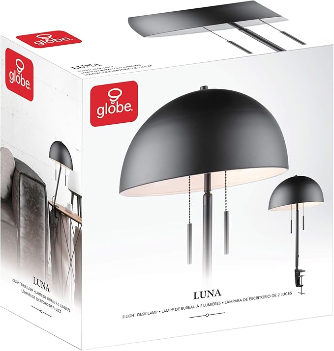 Globe Electric 52883 Luna 18" 2-Light Clamp-Arm Desk Lamp, Matte Black, Mushroom Shade, Double On/Off Pull Chains - LeafyLoom
