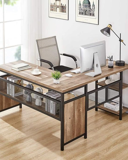 FATORRI L Shaped Computer Desk, Industrial Office Desk with Shelves, Reversible Wood and Metal Corner Desk for Home Office (Rustic Oak, 59 Inch) - LeafyLoom