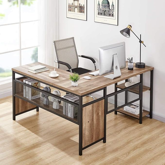 FATORRI L Shaped Computer Desk, Industrial Office Desk with Shelves, Reversible Wood and Metal Corner Desk for Home Office (Rustic Oak, 59 Inch) - LeafyLoom