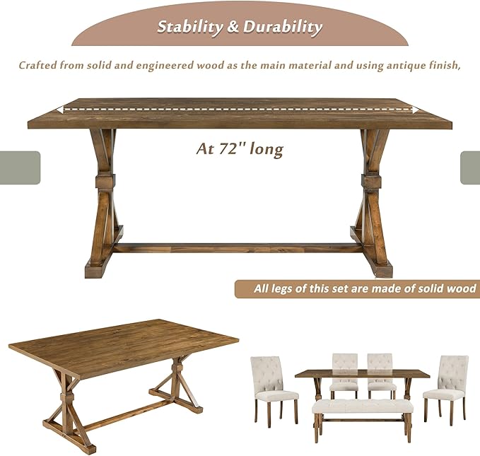 6-Piece Farmhouse Rectangular 72" Wood Dining Table Set with 4 Upholstered Chairs and a Bench, Easy to Assemble, for Kitchen, Home Bar & Living Room, Walnut+Beige - LeafyLoom