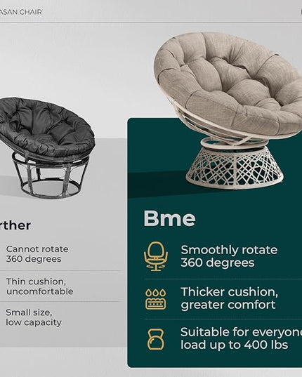 Bme 40" Ergonomic Wicker Papasan Chair with Soft Thick Density Fabric Cushion, High Capacity Steel Frame, 360 Degree Swivel for Living, Bedroom, Reading Room, Lounge - LeafyLoom