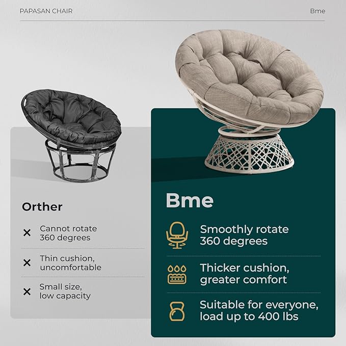 Bme 40" Ergonomic Wicker Papasan Chair with Soft Thick Density Fabric Cushion, High Capacity Steel Frame, 360 Degree Swivel for Living, Bedroom, Reading Room, Lounge - LeafyLoom