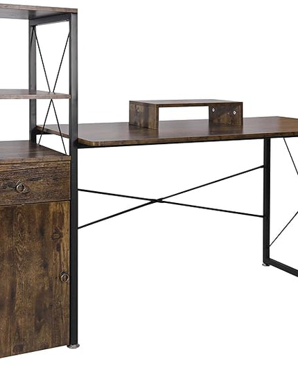 Becko US Computer Desk 63 Inch with Drawer & Storage Shelves, Home Office Desk with Removable Monitor Stand, Writing Gaming Table for Home Office (Rustic Brown) - LeafyLoom