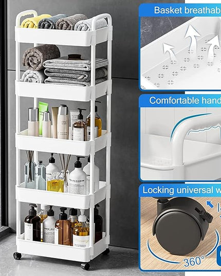 5-Tier Rolling Cart, Utility Cart with Lockable Wheels, Storage Cart Craft Cart Book Cart Diaper Cart Organizer for Bathroom Kitchen, white - LeafyLoom