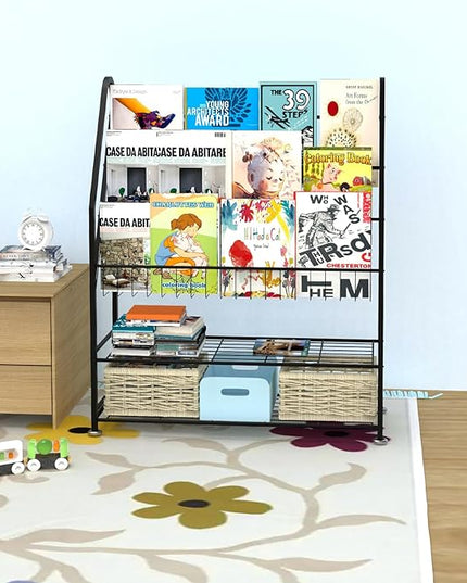 Kids Bookshelf Freestanding for Children Room 32 Inches Large Black Metal Bookcase Large Capacity Books Toys Organizer Stable 5 Tiers Kids Book Rack for Playroom Bookstore Library - LeafyLoom