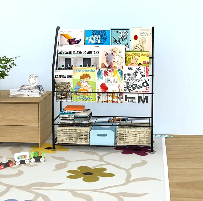 Kids Bookshelf Freestanding for Children Room 32 Inches Large Black Metal Bookcase Large Capacity Books Toys Organizer Stable 5 Tiers Kids Book Rack for Playroom Bookstore Library - LeafyLoom