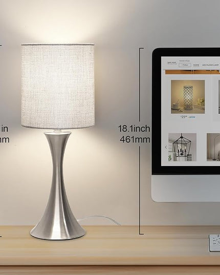 3 Way Touch Control Table Lamp, Dimmable Bedside Desk Lamp with Metal Base Modern Nightstand Lamp Stylish Grey Shade Simple Side Table Lamp for Bedroom, Living Room, Office or Den LED Bulb Included - LeafyLoom
