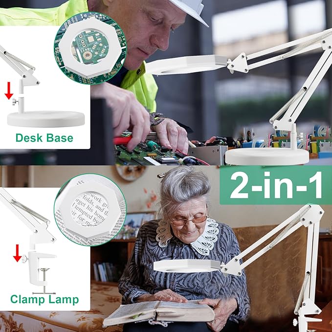 10X Magnifying Glass with Light Hand Free, HITTI 3 Color Stepless Dimmable Magnifying Lamp, 2-in-1 Lighted Deak Lamp & Clamp, Magnifier with Light and Stand for Crafts Reading Close Workbench Repair - LeafyLoom