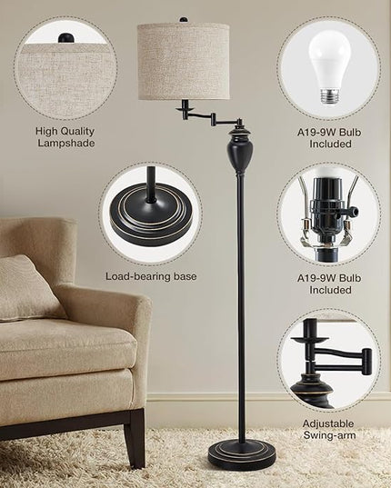 Floor Lamp for Living Room Bedroom, 3 Color Temperature 350° Adjustable Swing Arm Floor Lamp Vintage Standing Lamp Traditional Farmhouse Floor Lamp Tall Lamp for Office Home Nursery Study Room Hotel - LeafyLoom