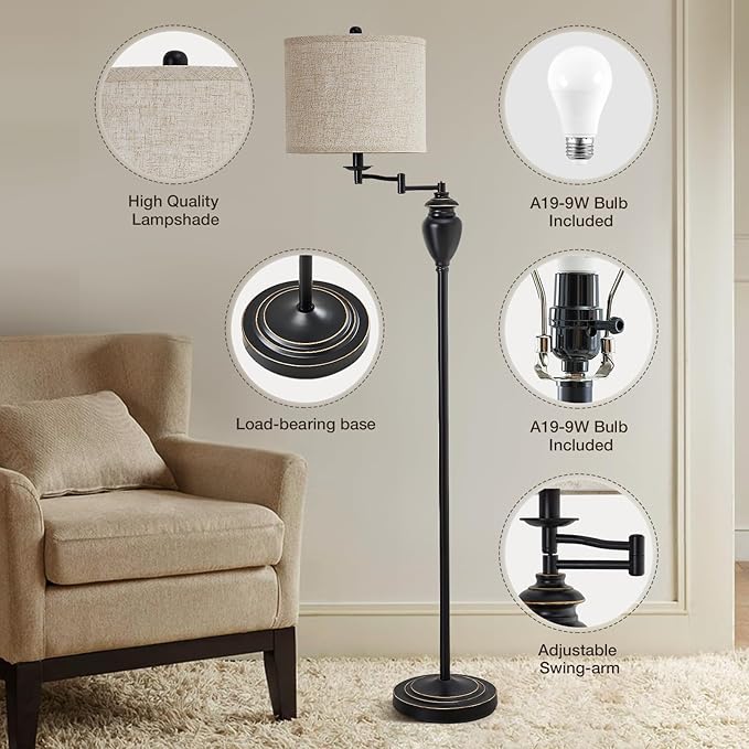 Floor Lamp for Living Room Bedroom, 3 Color Temperature 350° Adjustable Swing Arm Floor Lamp Vintage Standing Lamp Traditional Farmhouse Floor Lamp Tall Lamp for Office Home Nursery Study Room Hotel - LeafyLoom