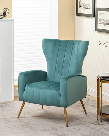 Armchair Modern Velvet Accent Chair, Channel Tufted Bedroom, Office or Living Room Furniture with Elegant Metal Legs, Teal - LeafyLoom