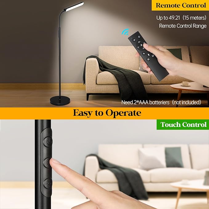 LED Floor Lamp, 18W Super Bright Floor Lamp for Living Room, Adjustable Stepless Colors & Brightness Gooseneck Standing Lamp, Eye Caring Reading Light with Remote& Touch Control for Bedroom Office - LeafyLoom