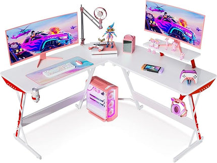 MOTPK White Gaming Desk L Shaped, Gamer Desk Gaming Table with Carbon Fiber Surface, Corner Computer Desk L Shape with Cup Holder & Headphone Hook, 51 Inch - LeafyLoom
