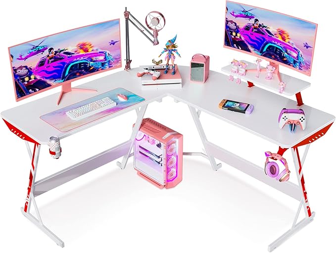 MOTPK White Gaming Desk L Shaped, Gamer Desk Gaming Table with Carbon Fiber Surface, Corner Computer Desk L Shape with Cup Holder & Headphone Hook, 51 Inch - LeafyLoom