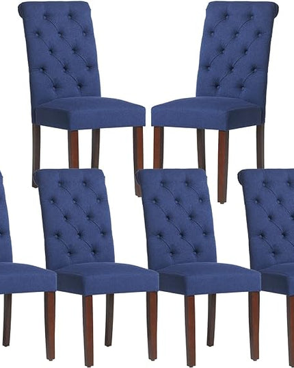 COLAMY Button Tufted Dining Chairs Set of 6, Parsons Upholstered Fabric Dining Room Chairs Kitchen Chairs with Wood Legs and Padded Seat, Dark Blue - LeafyLoom