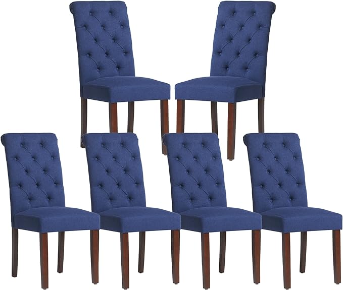 COLAMY Button Tufted Dining Chairs Set of 6, Parsons Upholstered Fabric Dining Room Chairs Kitchen Chairs with Wood Legs and Padded Seat, Dark Blue - LeafyLoom