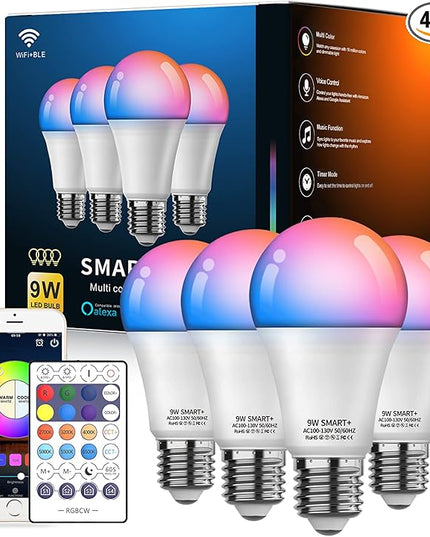 Smart Light Bulbs 4Pack with Remote, A19 E26 800LM LED Color Changing Light Bulb, WiFi & Bluetooth 5.0, Warm to Cool White, Dimmable, RGB Smart Home Lighting Work with Alexa Google Assistant Vanance