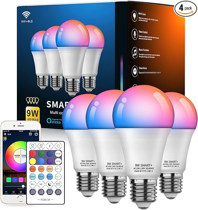 Smart Light Bulbs 4Pack with Remote, A19 E26 800LM LED Color Changing Light Bulb, WiFi & Bluetooth 5.0, Warm to Cool White, Dimmable, RGB Smart Home Lighting Work with Alexa Google Assistant Vanance