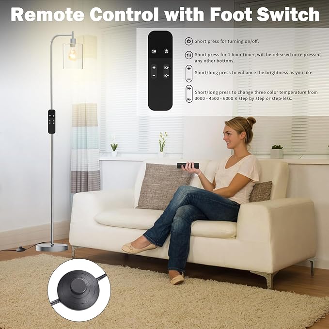 PAZZO LED Floor Lamp, Industrial Standing Lamp with Glass Lampshade, Ideal for Living Room, Bedroom, and Office,Silver(includes Remote Control) - LeafyLoom