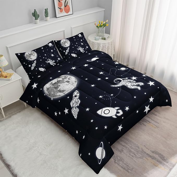 Datura home Kids Comforter Set Astronaut Space Rocket Printed Pattern Quilt Bedding Set with 1 Comforter and 2 Pillowcases for Girls Bedroom All Season(Space Rocket Twin), Twin 68x86inches - LeafyLoom