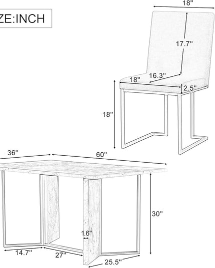 7-Piece Modern Dining Table Set, Artificial Marble Sticker Tabletop and 6 Upholstered Linen Chairs All with Golden Steel Legs for Dinette Room and Kitchen (White+Gold), 60" L x 36" W x 30" H - LeafyLoom