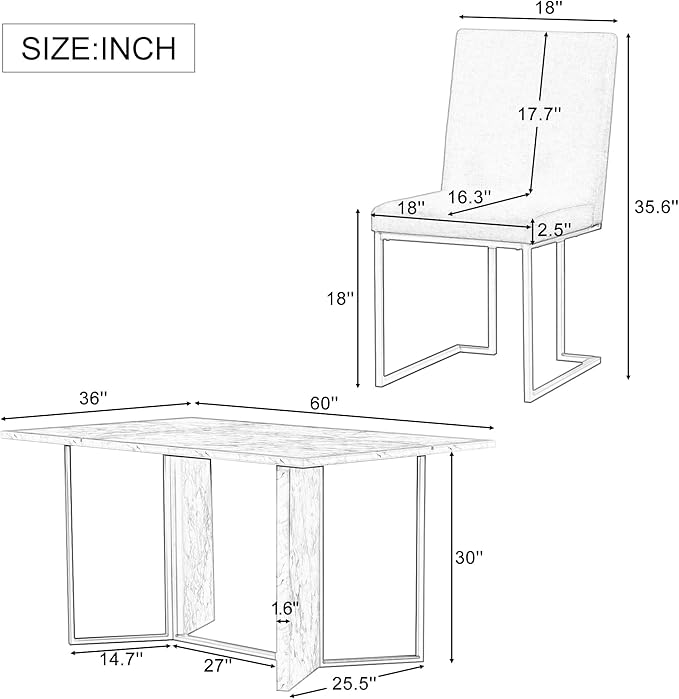 7-Piece Modern Dining Table Set, Artificial Marble Sticker Tabletop and 6 Upholstered Linen Chairs All with Golden Steel Legs for Dinette Room and Kitchen (White+Gold), 60" L x 36" W x 30" H - LeafyLoom