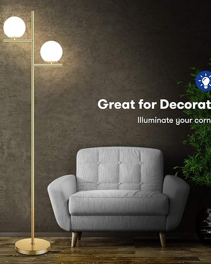Mid Century Floor Lamp - 2 Globe Modern Standing Lamp with Foot Pedal, Frosted Glass Stand Up Lights for Living Room, Bedroom, Office, Contemporary LED Antique Brass|Gold Tall Pole Light Indoor - LeafyLoom