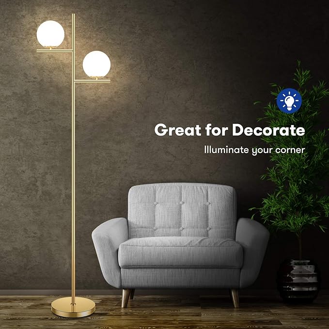 Mid Century Floor Lamp - 2 Globe Modern Standing Lamp with Foot Pedal, Frosted Glass Stand Up Lights for Living Room, Bedroom, Office, Contemporary LED Antique Brass|Gold Tall Pole Light Indoor - LeafyLoom