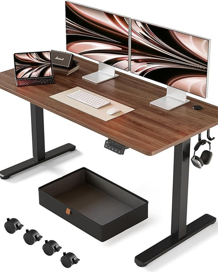 FEZIBO Standing Desk with Drawer, 63 x 24 Inches Adjustable Height Electric Stand up Desk with Storage, Sit Stand Home Office Desk, Black Walnut - LeafyLoom